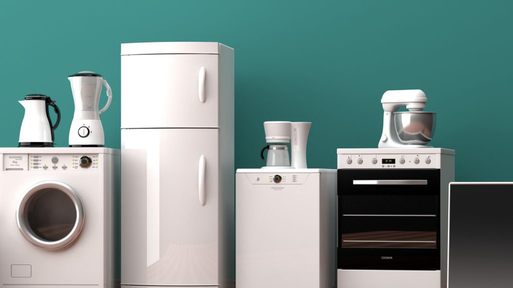 Home appliances like fridge, TV, Dishwasher ad Oven